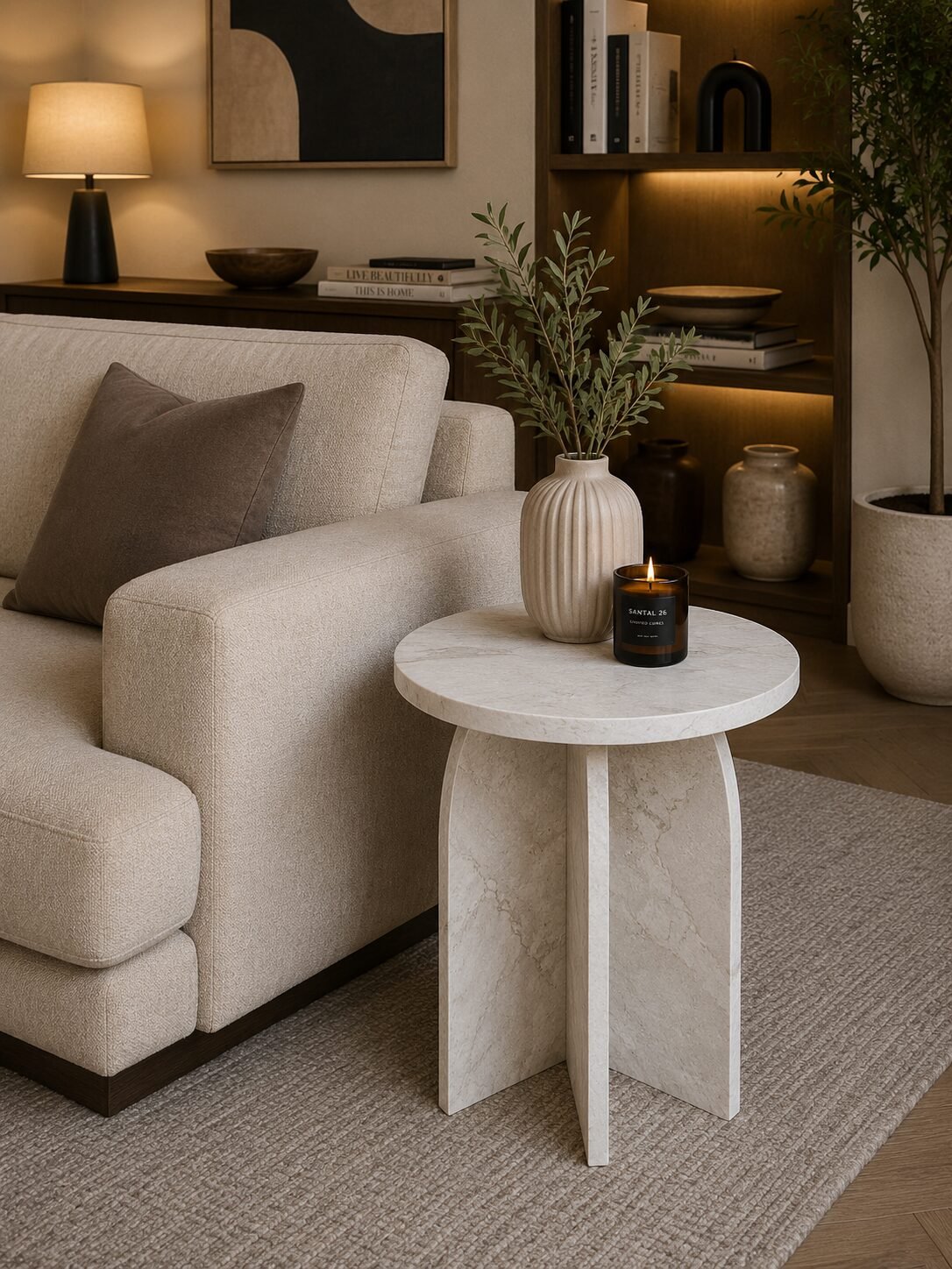 Zion White Marble Side Table with Sculptural Pedestal Base | Infinity Furniture Mississauga