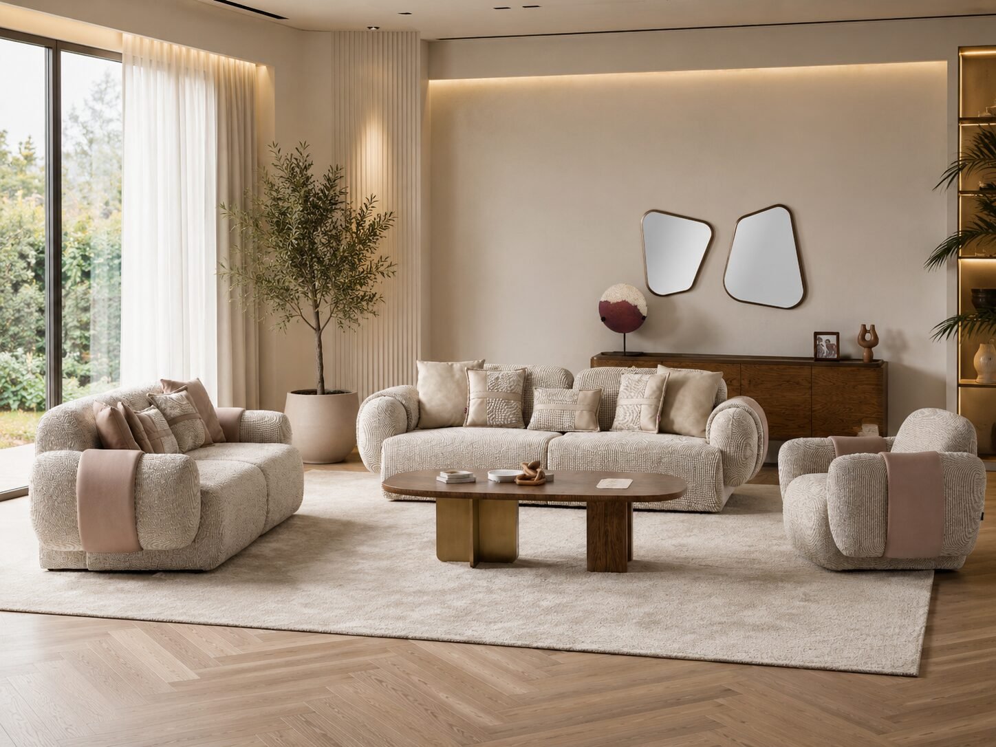 Luxury Modern Living room Collection featuring a pedestal dining table, upholstered dining chairs, and matching wood sideboard | Infinity Furniture