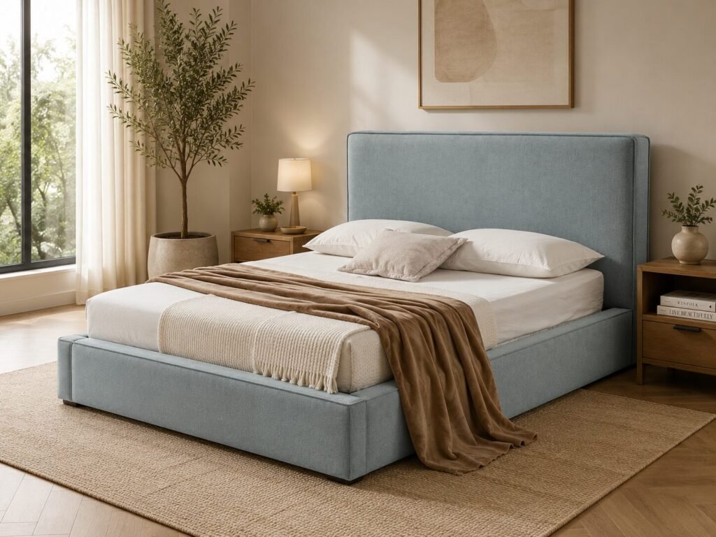 Blue Queen Storage Bed with upholstered headboard