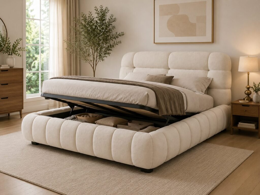 Beige Queen Lift Storage Bed Frame