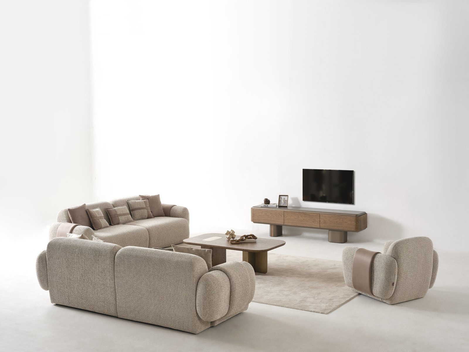 Luxury Modern Living room Collection featuring a pedestal dining table, upholstered dining chairs, and matching wood sideboard | Infinity Furniture