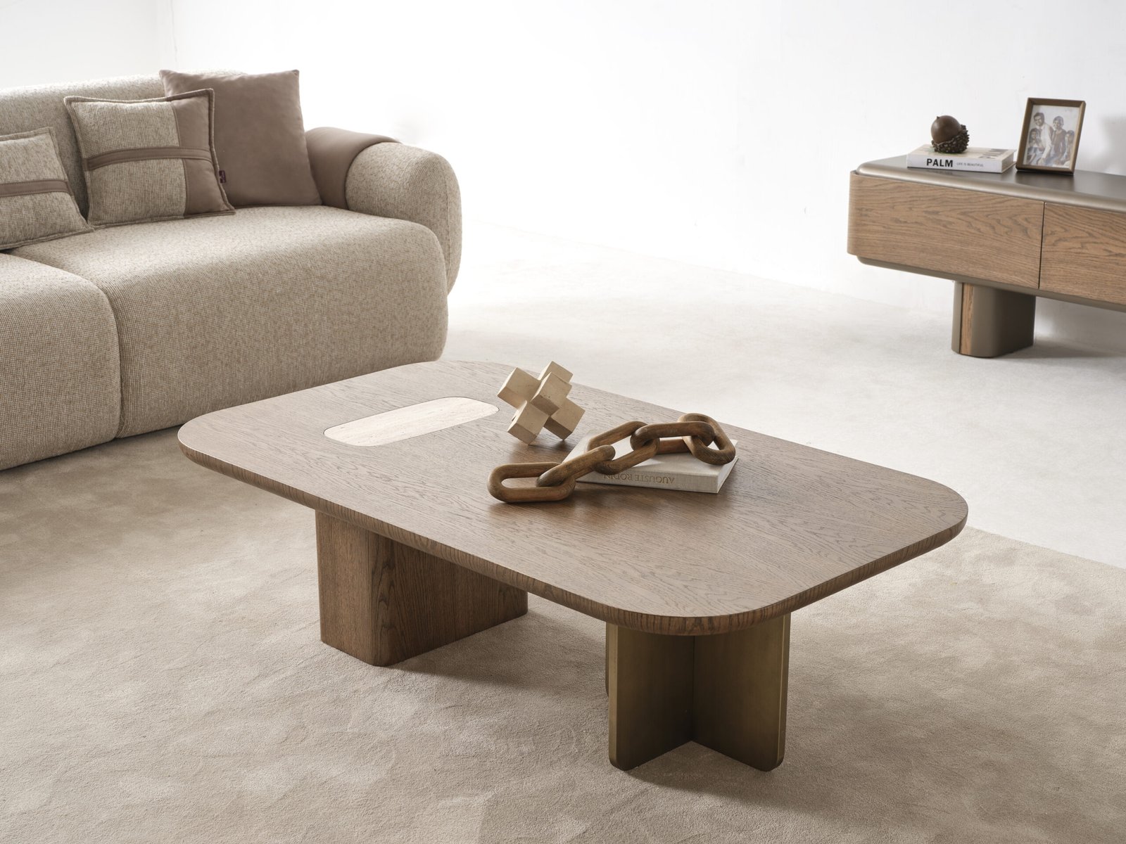 Luxury Modern Living room Collection featuring a pedestal dining table, upholstered dining chairs, and matching wood sideboard | Infinity Furniture