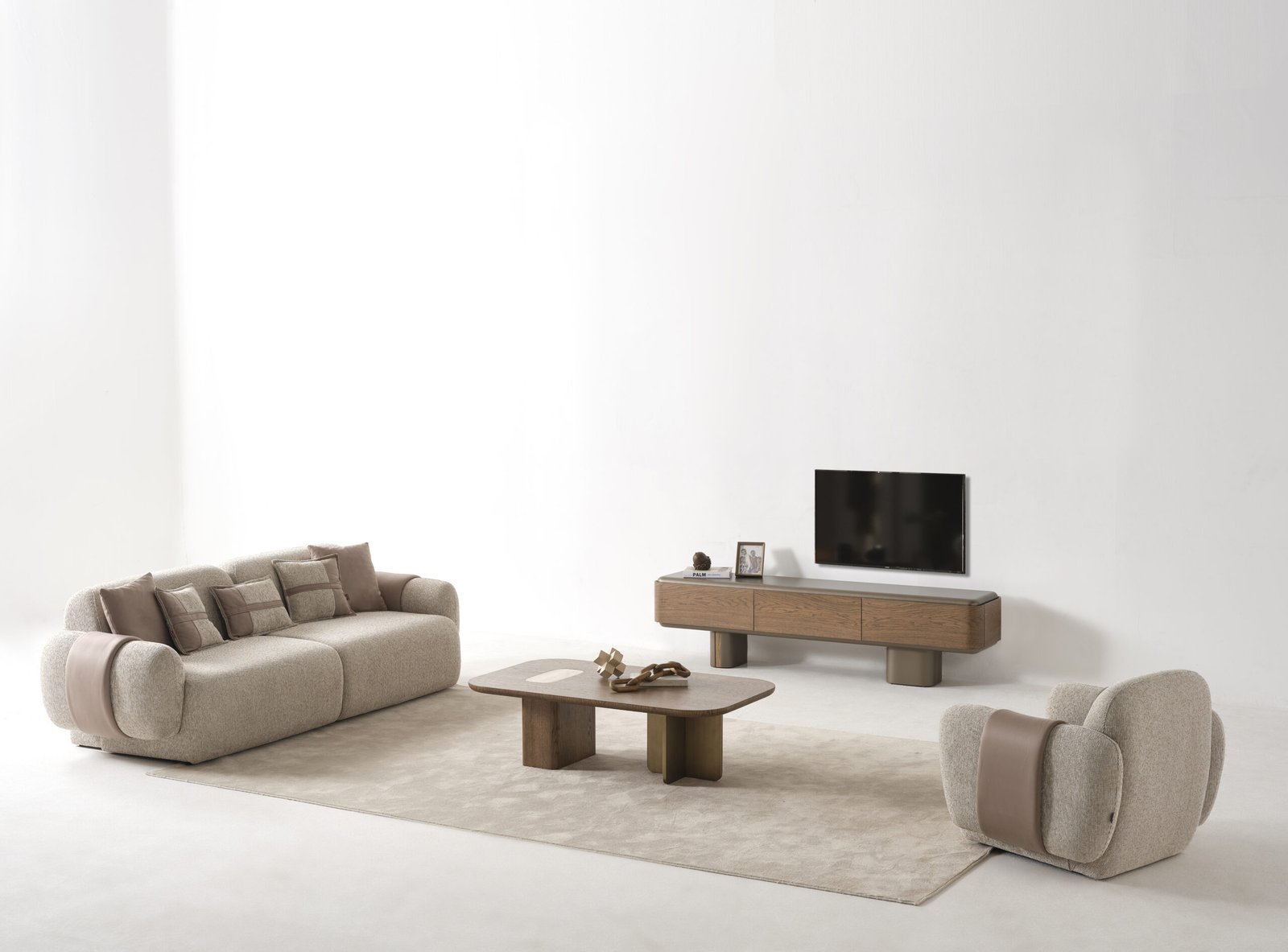 Luxury Modern Living room Collection featuring a pedestal dining table, upholstered dining chairs, and matching wood sideboard | Infinity Furniture