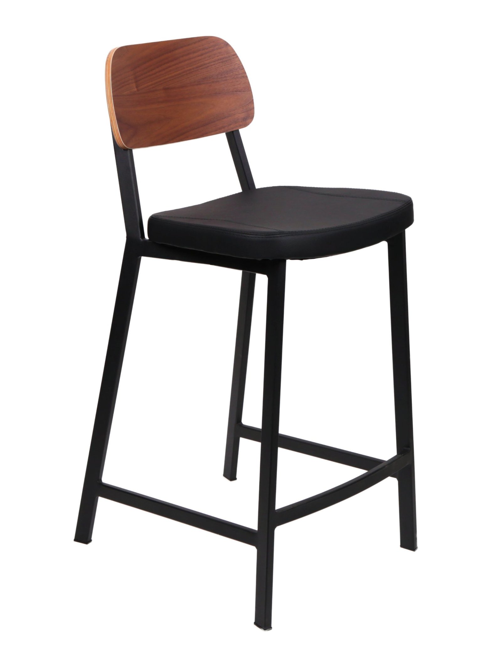Contemporary Theo counter stool with walnut veneer back, black PU upholstered seat, and black powder-coated steel frame | Infinity furniture