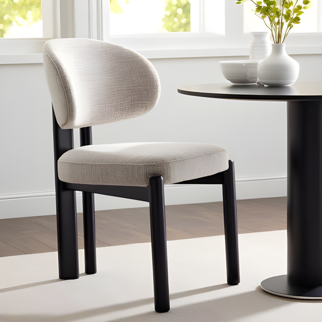 Thomas Dining Chair Light Grey modern upholstered dining chair with curved backrest and black wooden frame