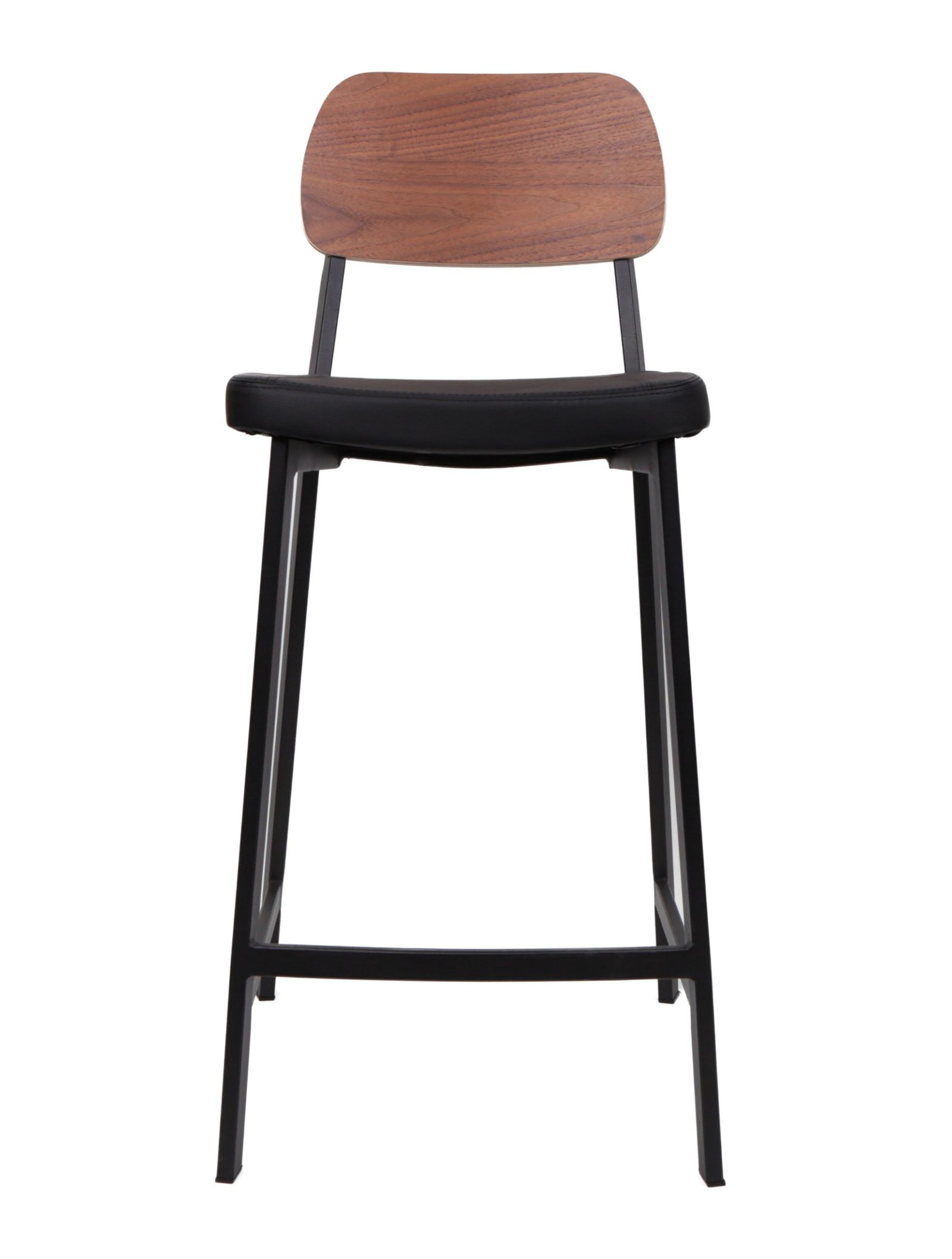 Contemporary Theo counter stool with walnut veneer back, black PU upholstered seat, and black powder-coated steel frame | Infinity furniture