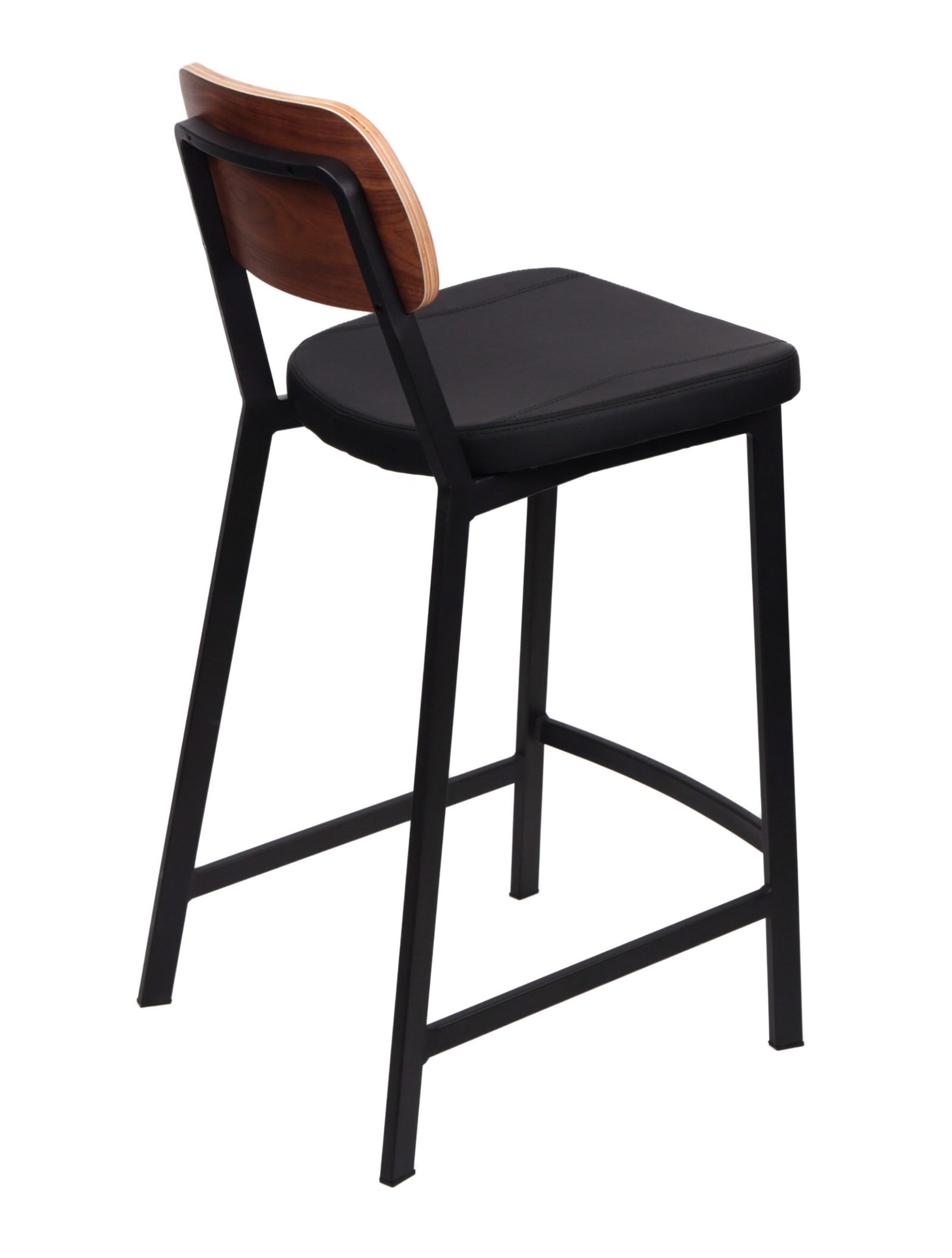 Contemporary Theo counter stool with walnut veneer back, black PU upholstered seat, and black powder-coated steel frame | Infinity furniture