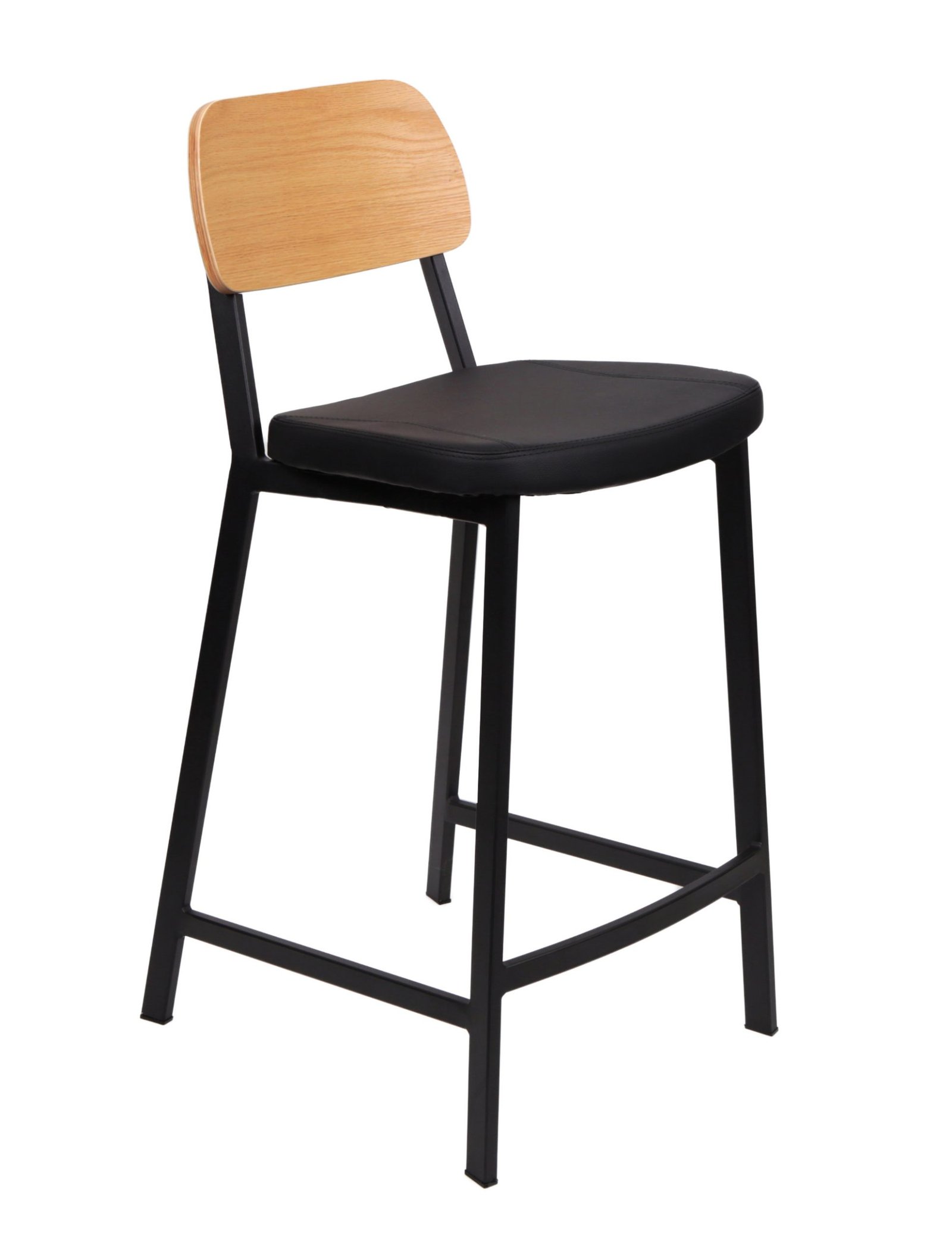 Contemporary Theo counter stool with walnut veneer back, black PU upholstered seat, and black powder-coated steel frame | Infinity furniture