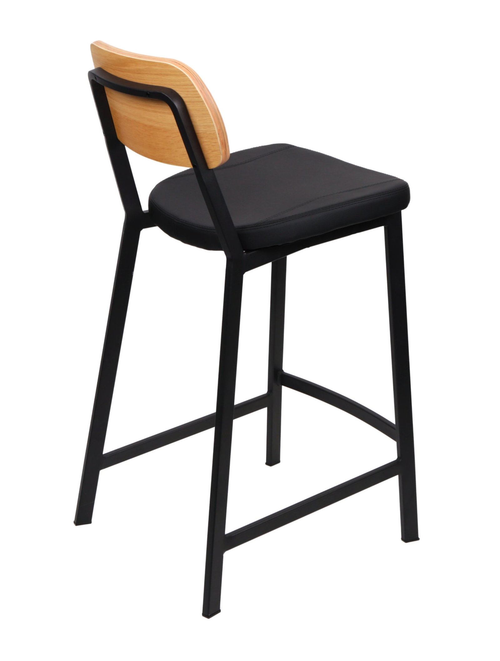 Contemporary Theo counter stool with walnut veneer back, black PU upholstered seat, and black powder-coated steel frame | Infinity furniture
