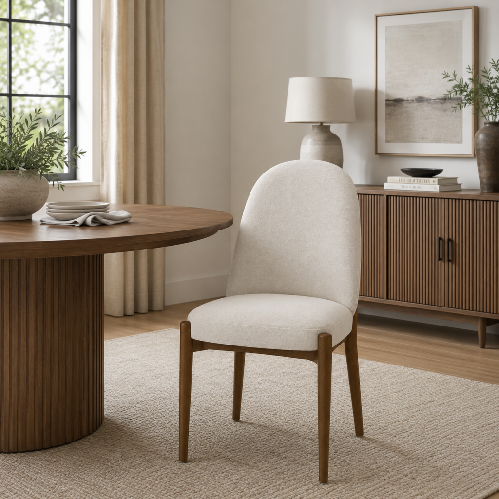 Liverpool dining chair with ivory upholstered seat and backrest and natural wood frame
