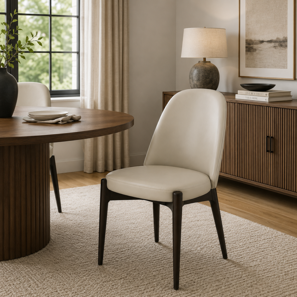 Liverpool Dining Chair Aspen Taupe modern upholstered dining chair with dark walnut wooden frame