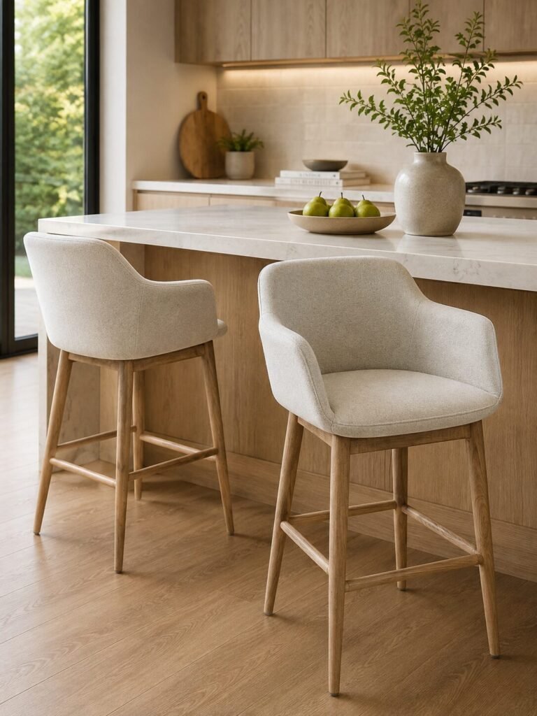 Modern Owen upholstered counter and bar stool with fabric or PU seat, available in multiple finishes and metal base options | Infinity furniture
