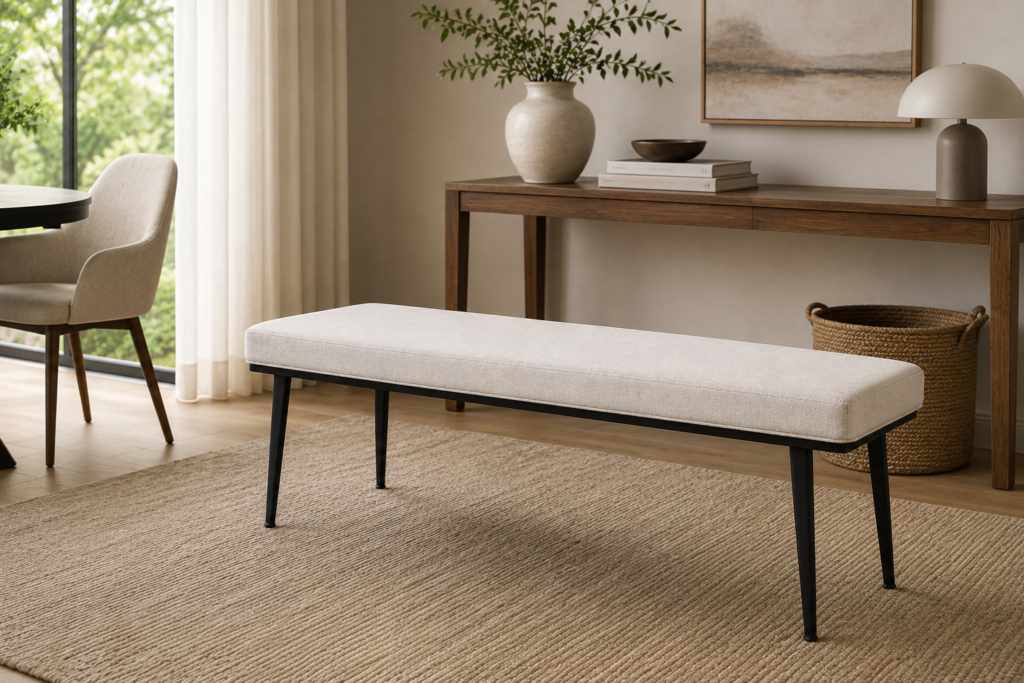 Modern long upholstered bench with premium fabric or PU seat and matte black metal base | infinity furniture
