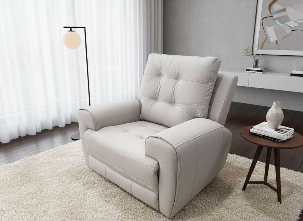 Nola Power Recliner Taupe with premium aire-leather upholstery, tufted cushions, power reclining, cup holders, and USB charging ports | infinity furniture