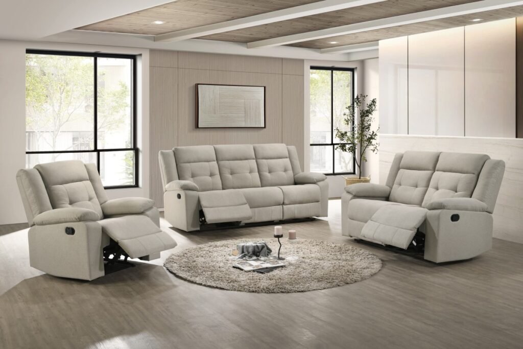 Tennessee Recliner Beige with premium linen upholstery, full foam seating, tufted accents, and reclining mechanism | Infinity furniture