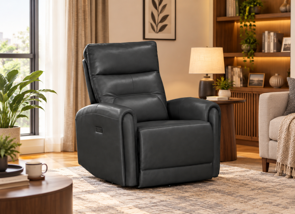 Lucca Power Swivel Recliner Blue with high-grade leather upholstery | infinity furniture