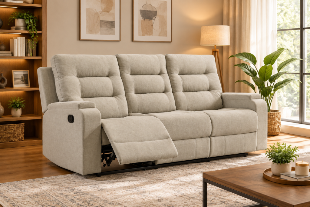 Infinity Furniture Hudson Recliner Sofa in Beige Fabric