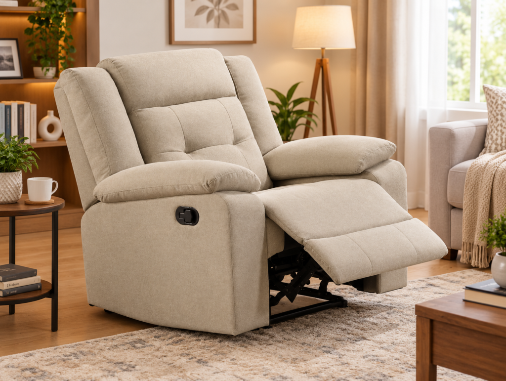Tennessee Recliner Beige with premium linen upholstery, full foam seating, tufted accents, and reclining mechanism | Infinity furniture